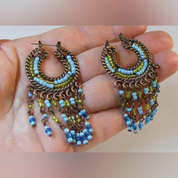 Vintage Southwest Turquoise Bead Hoops Dangle Earrings Chandelier Boho Earrings - Picture 5 of 9